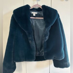 H&M Faux Fur Jacket with Snap Closure Women’s Petrol Size 0